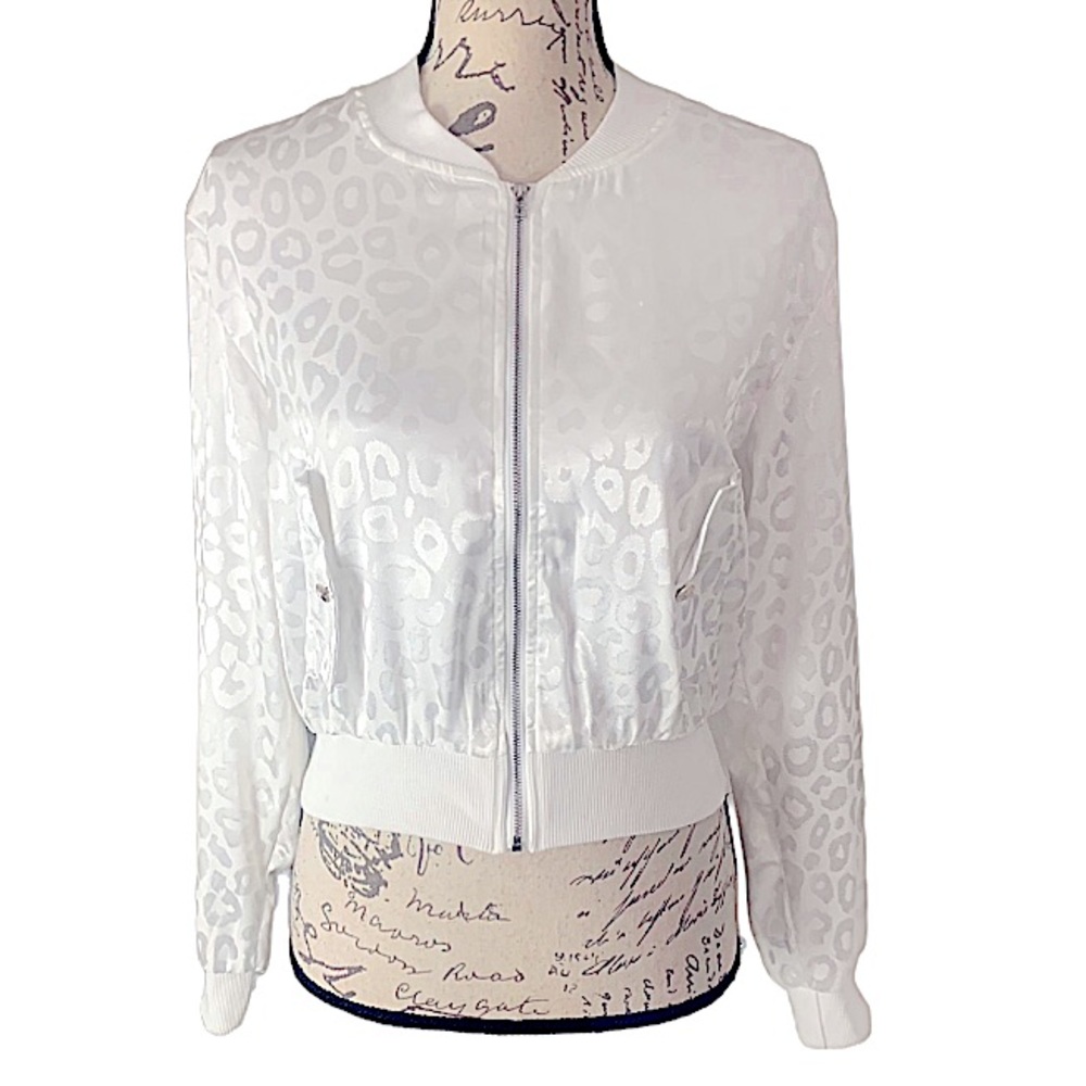 Satin Leopard Print Cropped Full Zip Jacket White XS